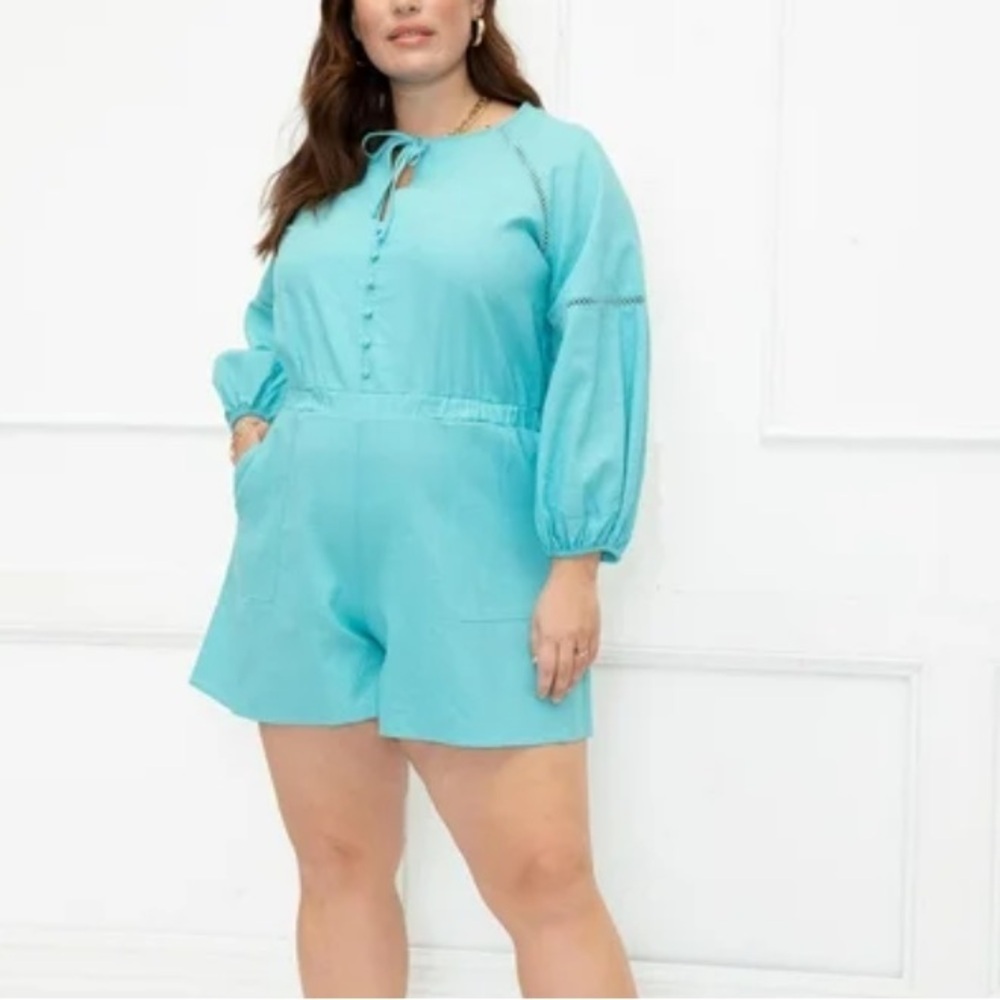 ELOQUII Women's Blue Long Sleeve Romper With Trim Linen Size 16